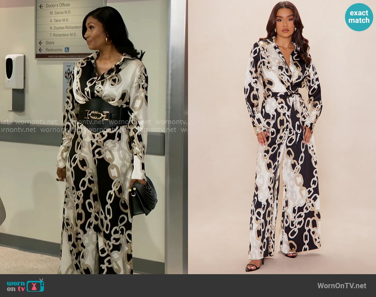 Leslie’s chain print jumpsuit on Beyond the Gates