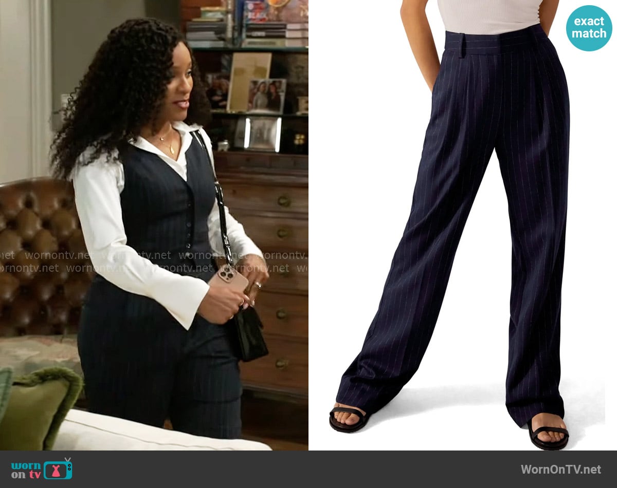 Naomi’s navy pinstripe pants on Beyond the Gates Naomi’s navy pinstripe pants on Beyond the Gates
