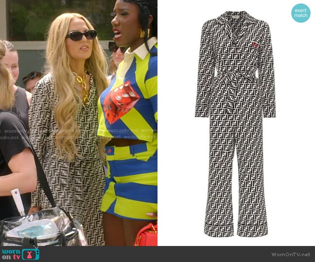 Fendi Ff Logo Belted Silk Jumpsuit worn by Rachel Zoe on The Real Housewives of Beverly Hills