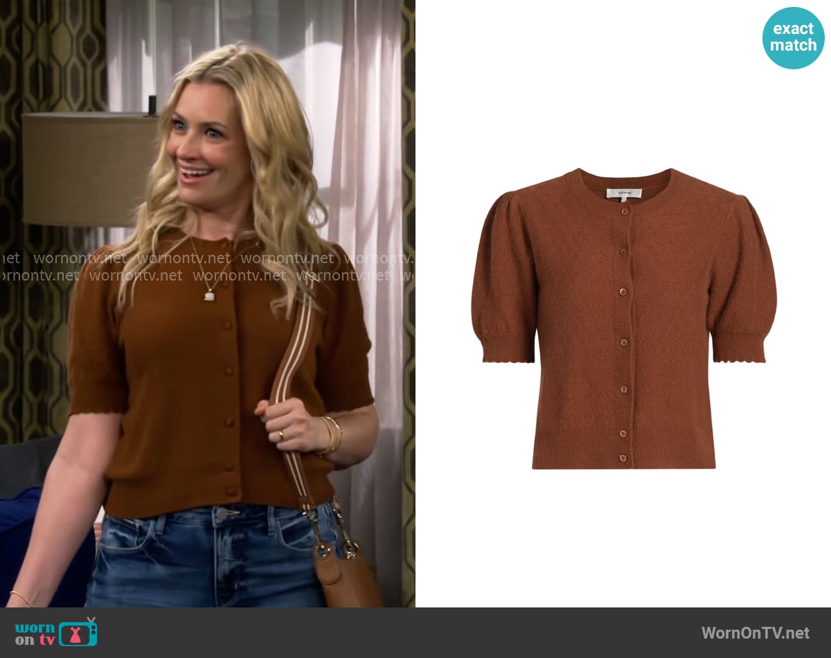 Frame Cashmere Pointelle-Knit Cardigan in Chestnut worn by Gemma (Beth Behrs) on The Neighborhood