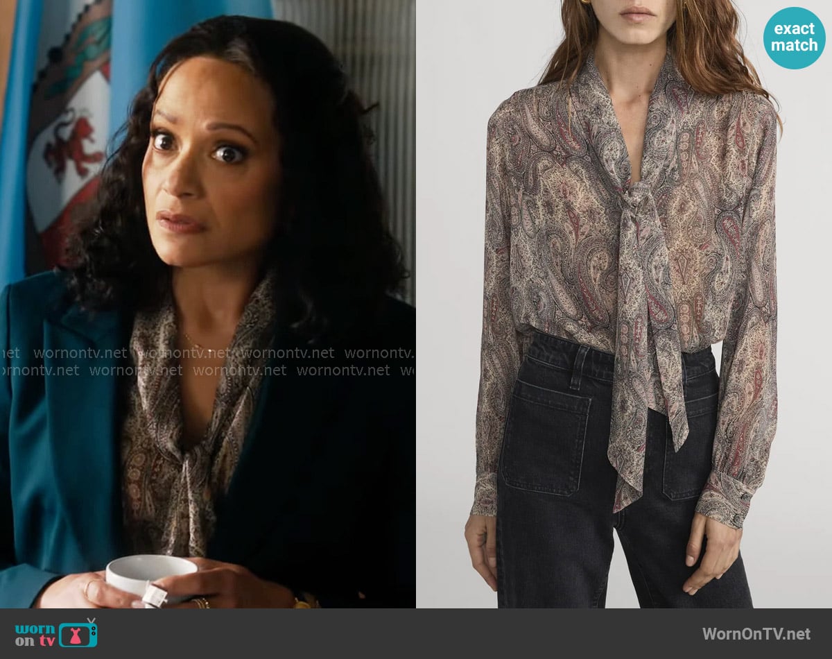 Selena’s paisley print tie-neck blouse on High Potential