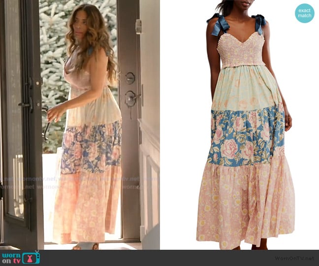 Free People Bluebell Mixed Print Cotton Maxi Dress worn by Dolores Catania on The Real Housewives of Rhode Island
