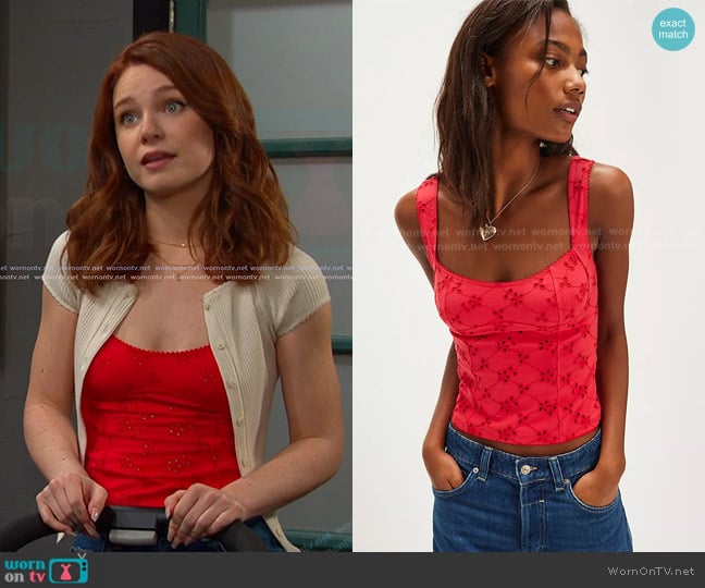 Free People Full Bloom Cotton Eyelet Cami in Poppy Red worn by Joy Wesley (AlexAnn Hopkins) on Days of our Lives
