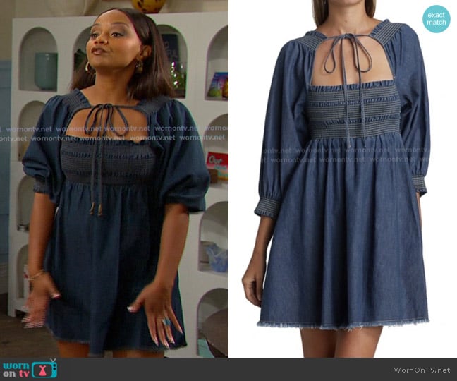 Free People This is Everything Denim Mini Dress worn by Chanel Dupree (Raven Bowens) on Days of our Lives