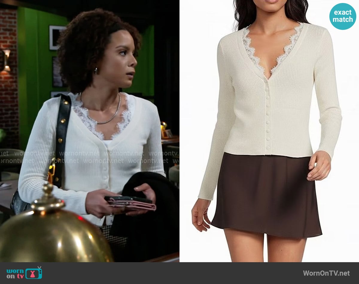 Deanna’s cream lace-trim cardigan on Beyond the Gates