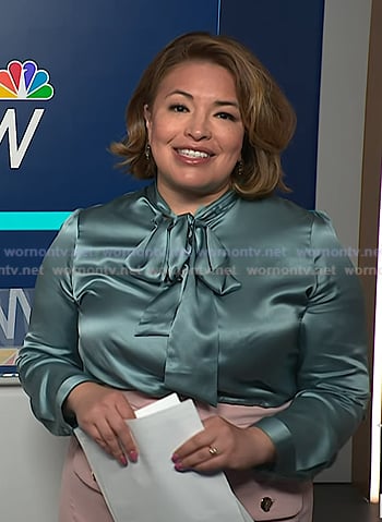 Gilma’s blue tie neck satin blouse on NBC News Daily