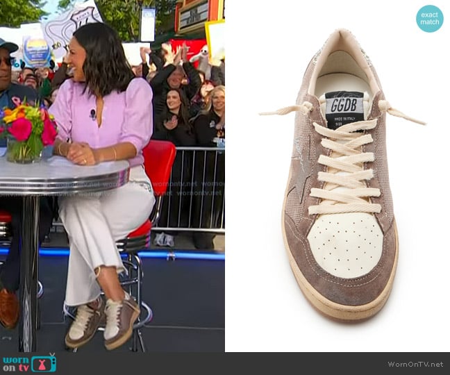Golden Goose Ball Star Glittered Leather-Trimmed Mesh Sneakers worn by Laura Jarrett on Today