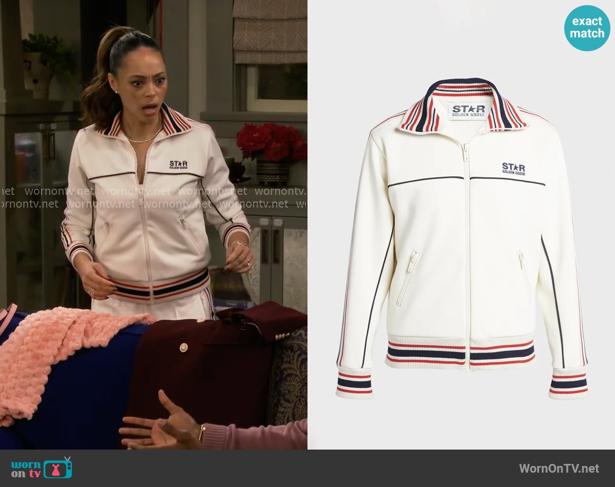 Golden Goose Star Zip-Front Logo Track Jacket worn by Mercedes (Amber Stevens West) on The Neighborhood