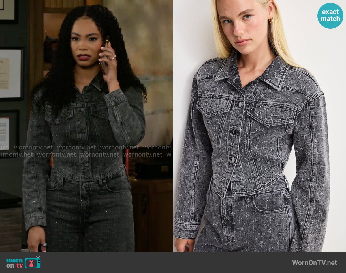 Good American Dolly Crystal Denim Jacket worn by Chelsea Hamilton (RhonniRose Mantilla) on Beyond the Gates