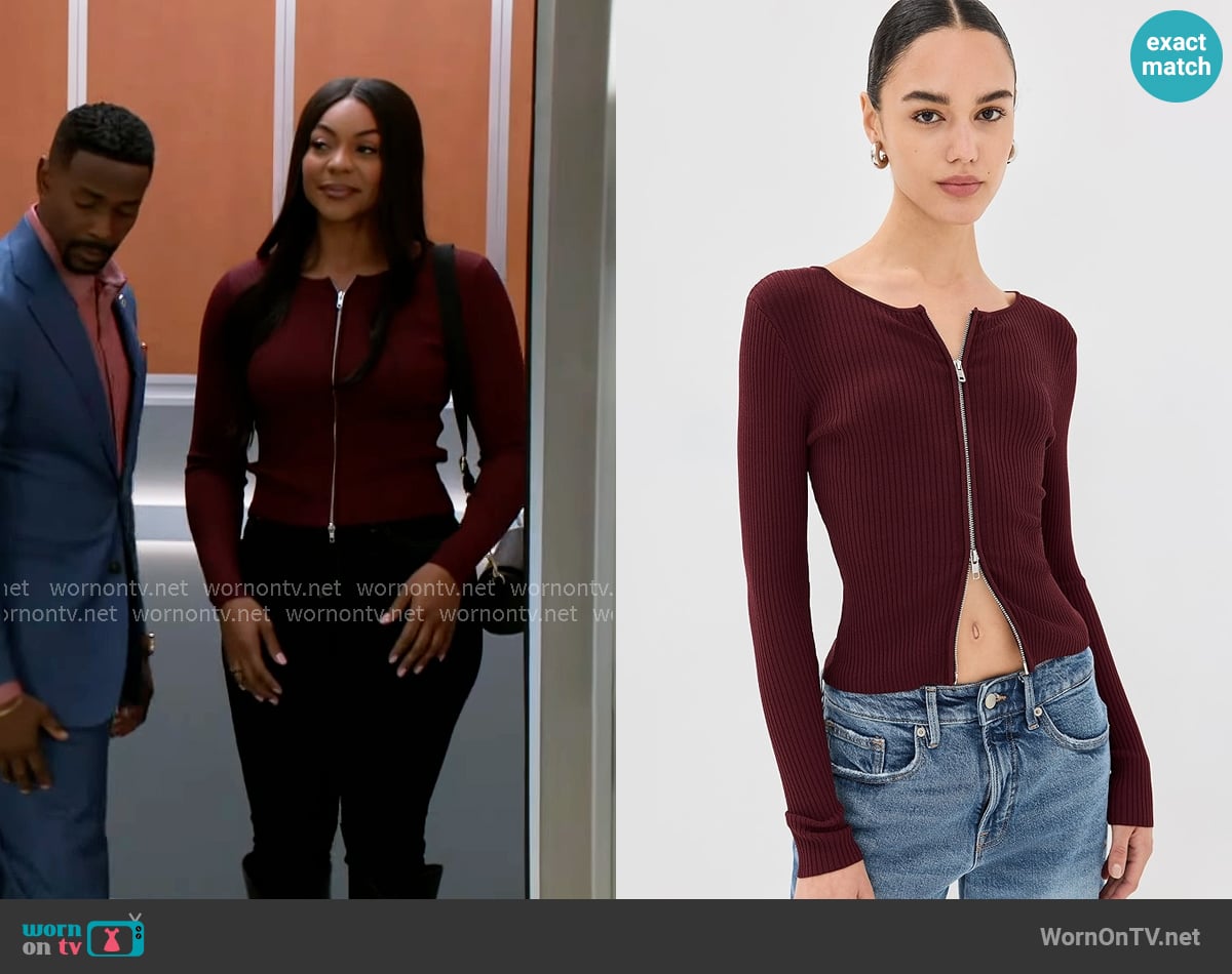 Good American Virgo Rib Zip Front Sweater in OxBlood worn by Shanice Johnson (Ernestine Johnson) on Beyond the Gates