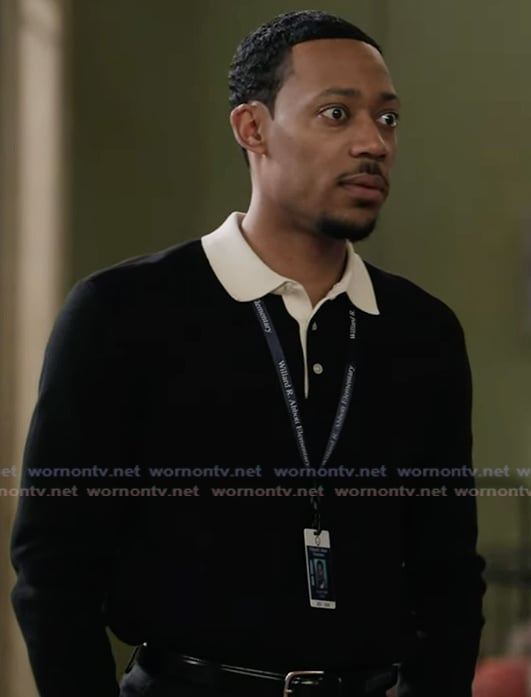 Gregory's black contrast collar sweater on Abbott Elementary