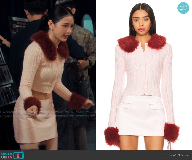 Guizio Heart Knit Cardigan in Baby Pink worn by Eunice Kang (Han Bi Ryu) on XO Kitty