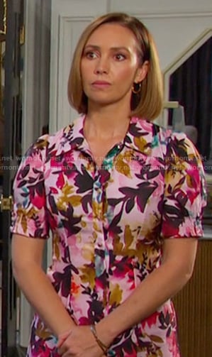 Gwen’s pink floral short sleeve shirtdress on Days of our Lives