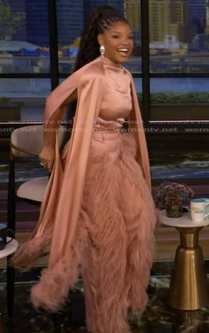 Halle Bailey’s pink feather trim pants on Live with Kelly and Mark