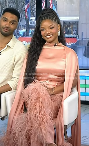 Halle Bailey’s pink silk cape top and feather trim pants on Today