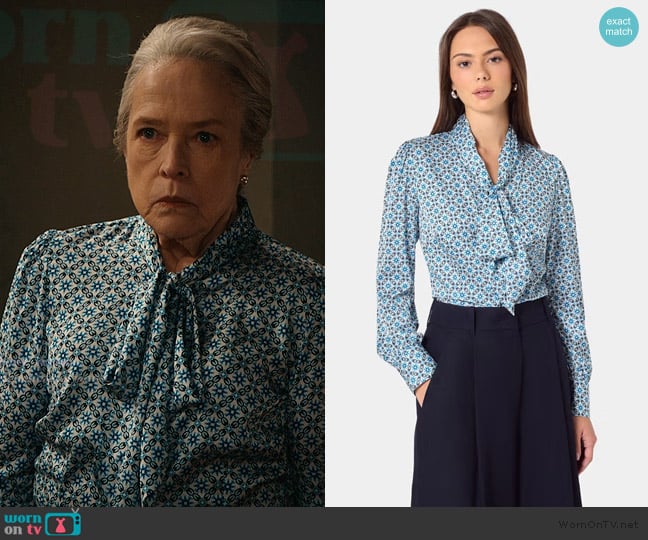 Hawes and Curtis Blue & Green Geometric Pussybow Blouse worn by Madeline Matlock (Kathy Bates) on Matlock