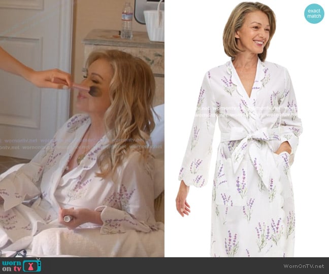 Heidi Carey Classic Robe in Lavender Print worn by Kathy Hilton on The Real Housewives of Beverly Hills