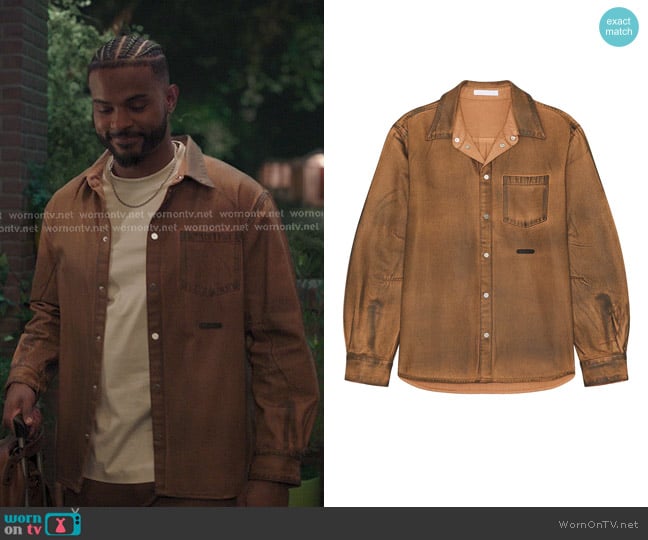 Helmut Lang Curved Long Sleeve Shirt in Waxed Oil Stain worn by Dr. Wes Bryant (Trevor Jackson) on Greys Anatomy