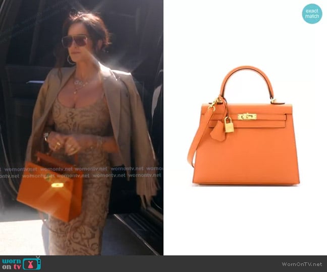 Hermes Kelly Handbag Feu Epsom with Gold Hardware 28 worn by Kyle Richards on The Real Housewives of Beverly Hills