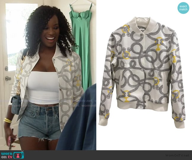 Hermes Printed Bomber Jacket worn by Shamea Morton Mwangi on The Real Housewives of Atlanta