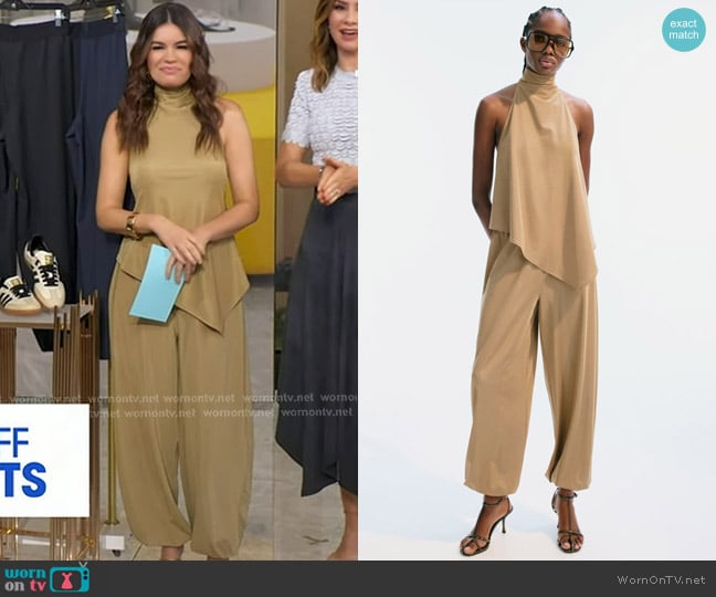 H&M Asymmetric Halterneck Top in Beige worn by Kathy Buccio on Good Morning America