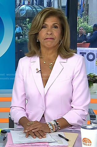 Hoda's pink ruched sleeve blazer and pants on Today