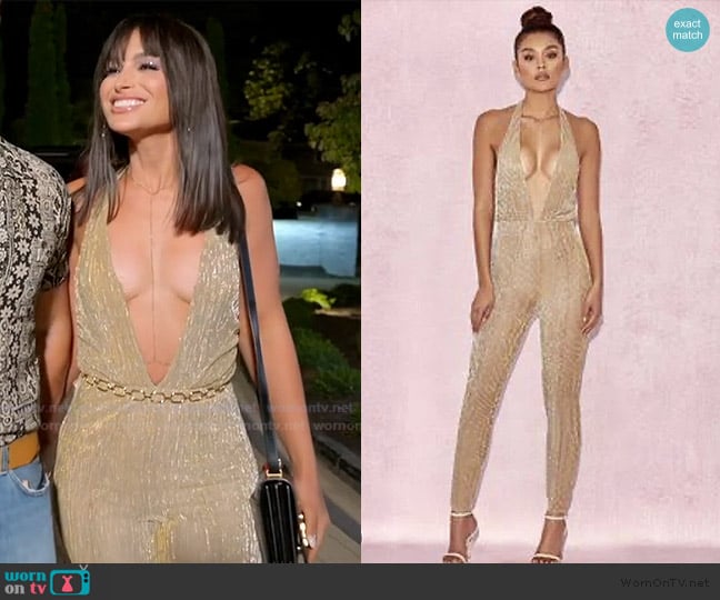 House of CB Gold Tabby Jumpsuit worn by Ashley Iaconetti on The Real Housewives of Rhode Island