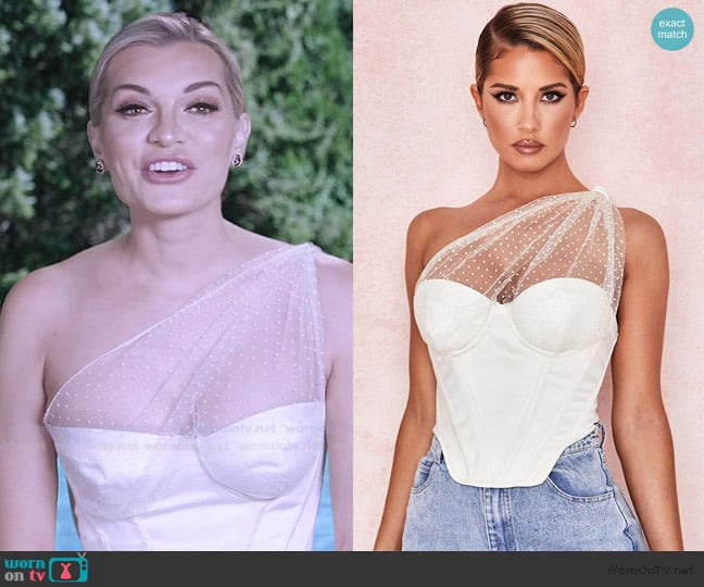 House of CB Kim ivory draped tulle corset worn by Lindsay Hubbard on Summer House