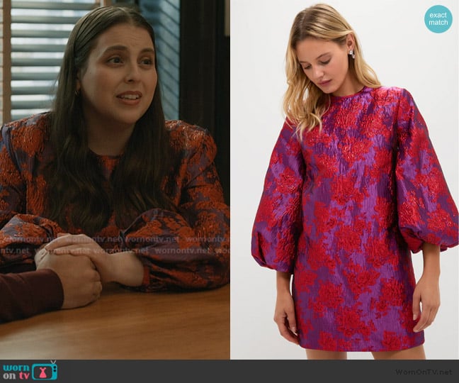 Hyacinth House Red & Purple Jacquard Janie Mini Dress worn by Rachel (Beanie Feldstein) on Elsbeth