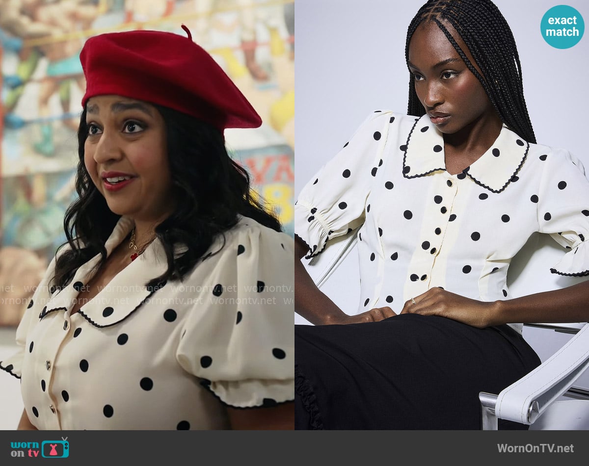 Icone at Simons Scalloped-trim puff-sleeve blouse in Polka Dot worn by Bela (Punam Patel) on Ghosts