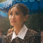 Ali's brown printed top with white collar on Running Point