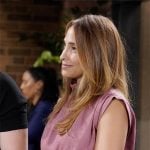 Lily’s pink draped suede top on The Young and the Restless