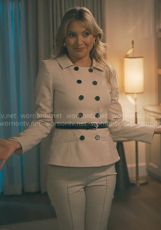 Isla's cream double breasted jacket with belt on Running Point