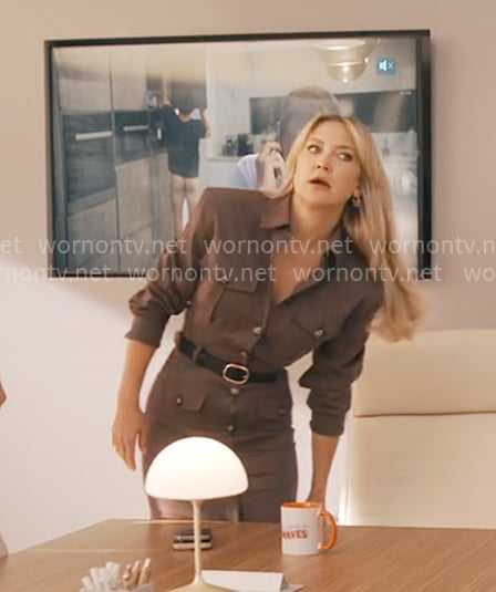 Isla’s brown shirtdress on Running Point