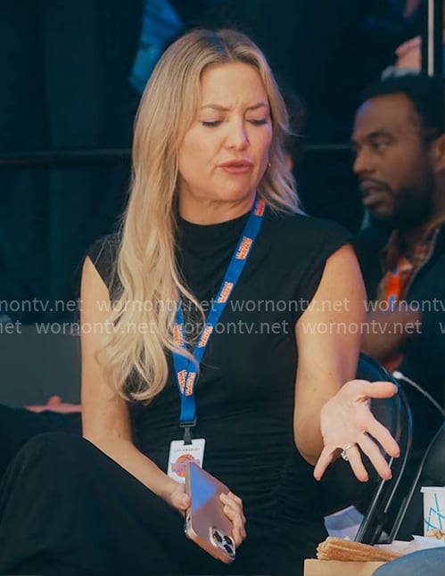 Isla’s black draped long dress on Running Point