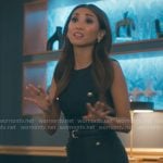 Ali’s navy ruffle hem dress for the rehearsal dinner on Running Point