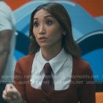 Ali's red square-neck cardigan on Running Point