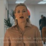 Isla's taupe tie neck blouse and pants on Running Point