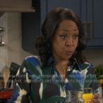 Tina’s green abstract print shirt on The Neighborhood