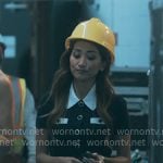 Ali’s navy dress with white collar and buttons on Running Point