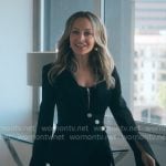 Nicole’s black asymmetric blazer and zip front top on Running Point