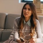 Ali’s grey cardigan with mint green collar and pink tweed skirt on Running Point