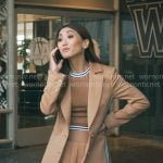 Ali’s camel side-stripe blazer and skirt set on Running Point