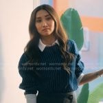 Ali’s blue striped button down shirt and wrap skirt on Running Point