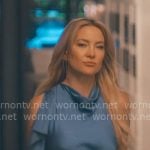 Isla’s blue satin ruffle dress on Running Point