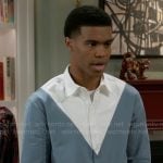 Tyrell’s blue and white triangle shirt on Beyond the Gates