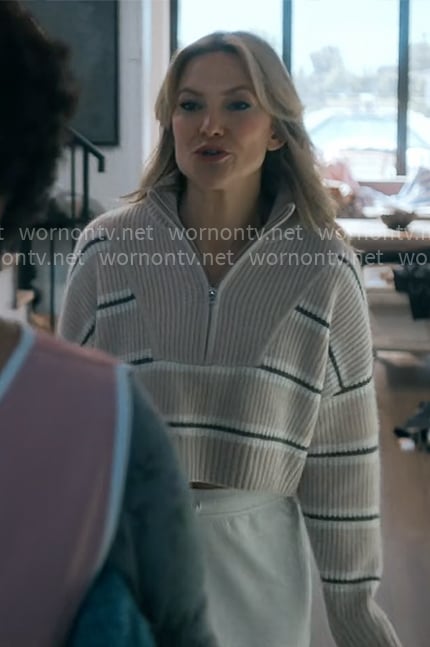 Isla's beige striped quarter zip sweater on Running Point