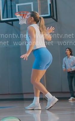 Isla's blue bike shorts on Running Point