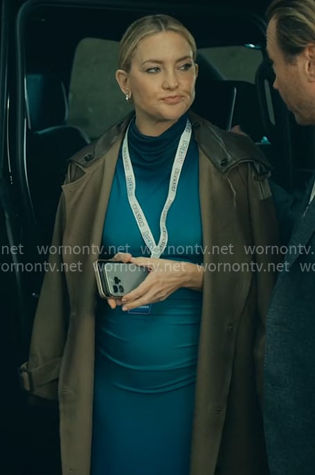 Isla's blue ombre dress and leather collar trench coat on Running Point
