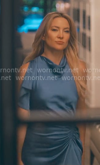 Isla's blue satin ruffle dress on Running Point